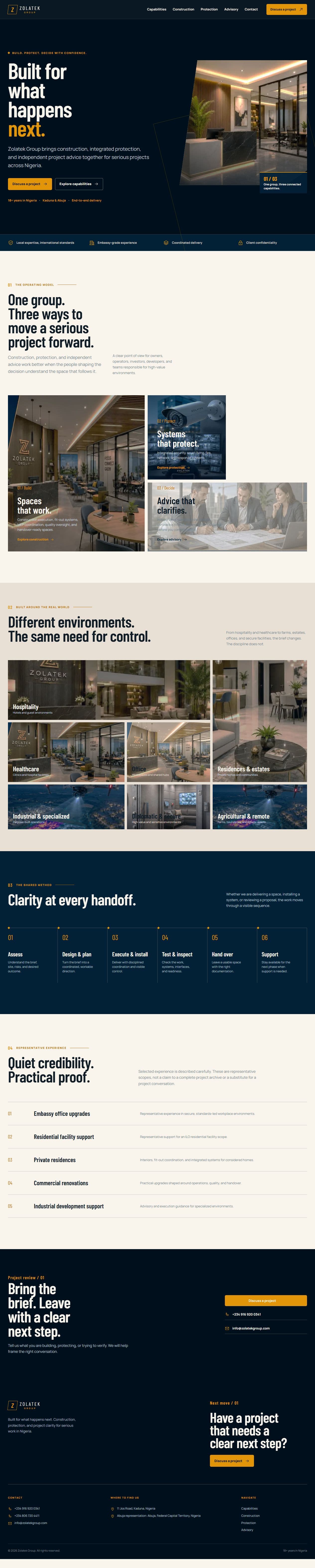 Live Zolatek Group homepage showing the completed dark navy and amber site