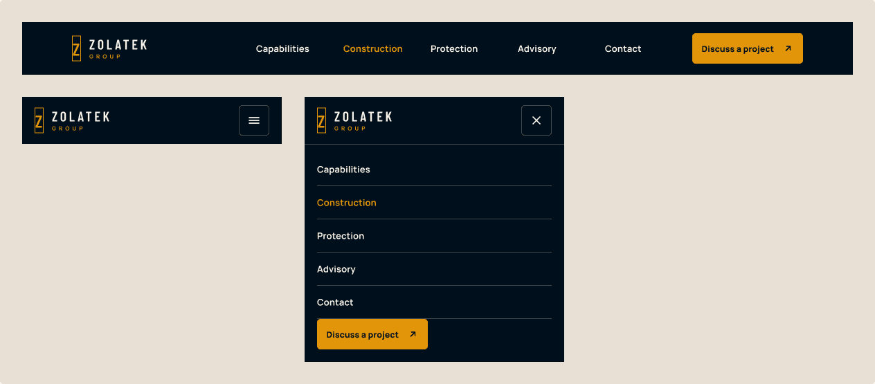 Figma Header component showing the Zolatek navigation and project CTA