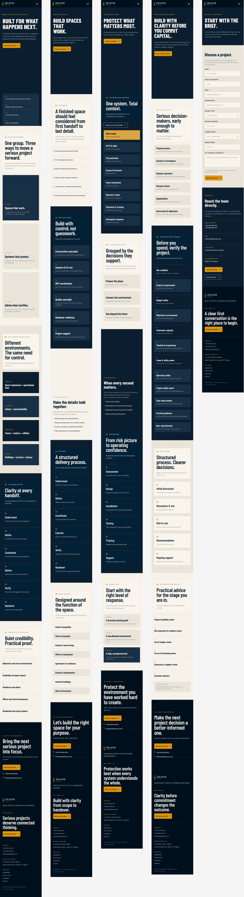 Figma mobile page frames showing the responsive Zolatek website system